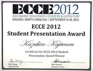 IEEE Energy Conversion Congress and Expo (ECCE)“Best Student Presentation Award”を受賞